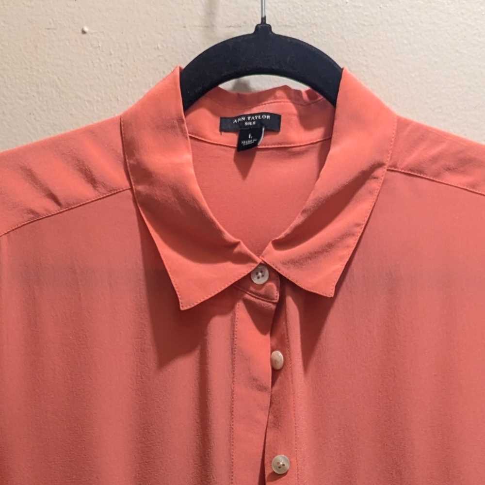 Anne Klein Peach Long Sleeve Roll Tab Pockets Button-Down Silk Collar Shirt- L - Picture 5 of 12
